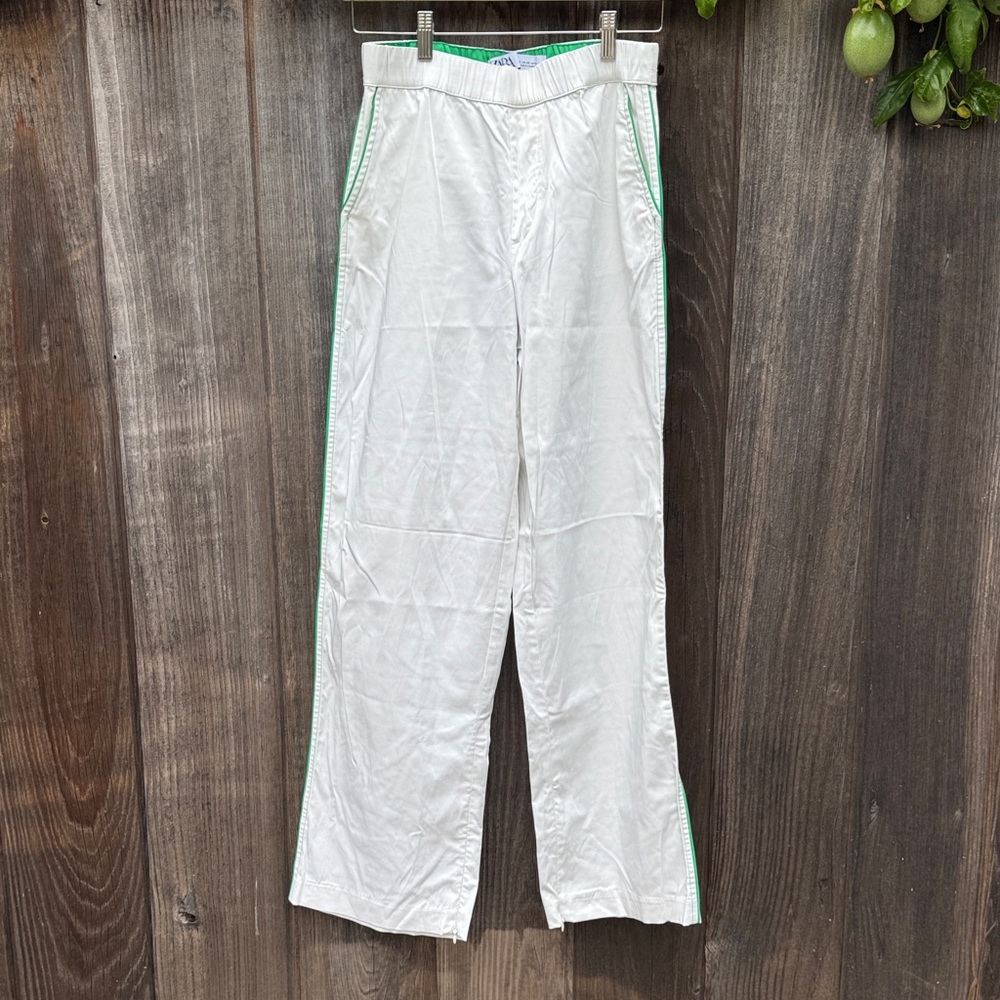 Zara White Pants with Green Trim